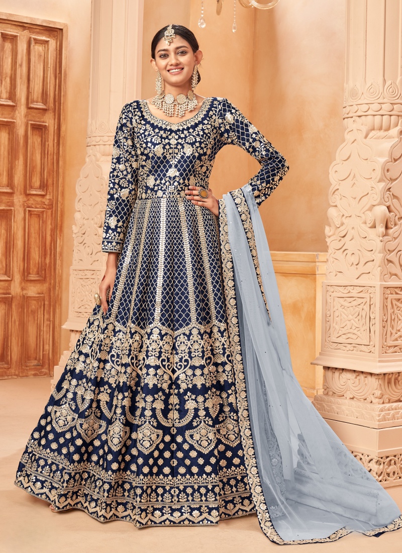 Shop Navy Blue Art Silk Embroidered Work Wedding Salwar Kameez KF2407220 Online USA